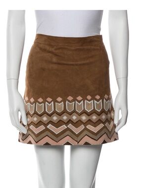 Calypso St. Barth Brown Suede Leather Mini Skirt Pink & Cream Embroidery XS $795